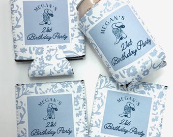 21st Birthday Can Coolers | Personalized Western Cowgirl Boot Party Favors | Blue Floral Custom Drink Holders for Birthday Celebration
