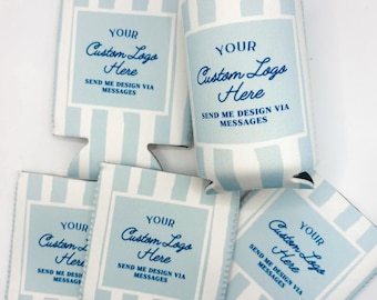 May include: A collection of light blue and white striped foam can coolers featuring a central rectangular area with the blue text: YOUR Custom Logo Here SEND ME DESIGN VIA MESSAGES. One cooler is wrapped around a silver aluminum beverage can.