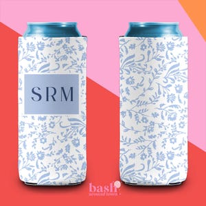 Monogram Can Cooler Beach Bachelorette Favor Blue Stripe Can Cooler Personalized Gift Bridal Party Gift Blue Slim Can Cooler Beach Party