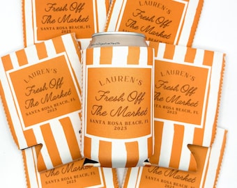 Fresh Off the Market Bachelorette Can Cooler | Coastal Can Cooler | Personalized Bachelorette Party | Coastal Grandmother Custom Party Favor