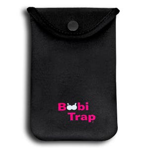 May include: Black pouch with a zipper closure and a white logo that says "Boobi Trap" with a pink outline and a small white bra graphic.
