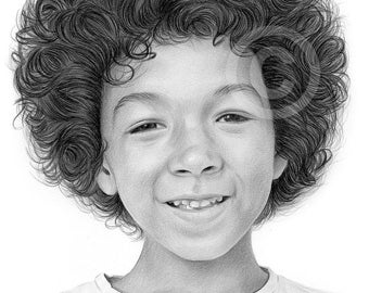 May include: A black and white pencil drawing of a young person with curly hair smiling. The person is wearing a white t-shirt.