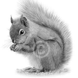 May include: A black and white pencil drawing of a squirrel sitting on its haunches, looking down and holding something in its paws.