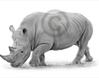 Digital Download - Pencil drawing of a Rhino - Artwork by UK artist Gary Tymon - Instant download