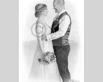 Custom Wedding Portrait from Photo - Hand drawn pencil drawing of loving couple newlyweds - bride groom anniversary birthday gift