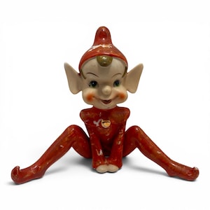 Vintage Keramik Älv Sittande Figurin Kitschig 1950-tal MCM Röd & Guld Japan
