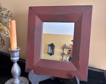 Vintage Rustic Red Wooden Framed Mirror 10.5 X 11" Distressed Country Wall Decor