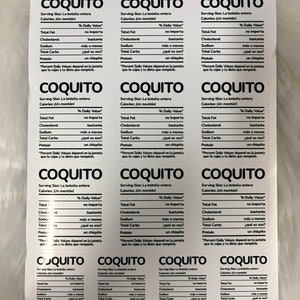 面白いコキートの栄養成分表示ラベル（英語、スペイン語、混合バージョン）