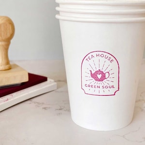 Tampon en caoutchouc personnalisé pour tasse à thé ou logo préfabriqué pour tasse à café, emballage bohème personnalisé et plats à emporter, image de marque de magasin de thé, tasse en papier personnalisée