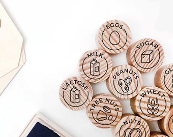 Mini ingredient stamps for food labels and tags, mini food rubber stamps for ingredients labels, mini allergy stamp minimal design