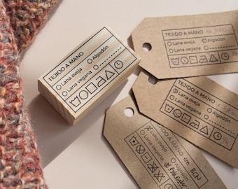 Rubber stamp for knitted and crocheted hang tags in different languages, DIY tags for crocheters and knitters, knit care label information