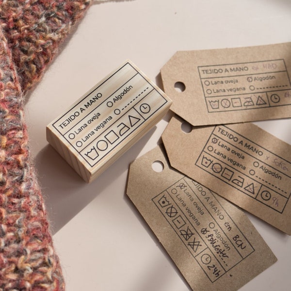 Rubber stamp for knitted and crocheted hang tags in different languages, DIY tags for crocheters and knitters, knit care label information