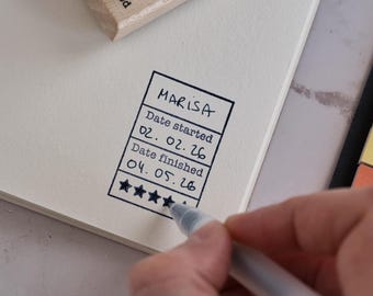 Bookplate rating stamp with reading date and name, Library stamp with rate stars