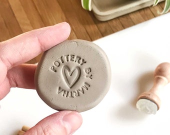 custom clay stamp with name and heart drawing, stamp for fresh clay for ceramic makers, premade pottery logo stamp for clay, clay maker gift