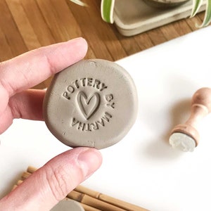 custom clay stamp with name and heart drawing, stamp for fresh clay for ceramic makers, premade pottery logo stamp for clay, clay maker gift