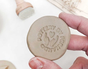 Pottery name stamp with hands and heart drawn, custom text stamp for your ceramics, hand made pottery stamp for clay makers and artisans