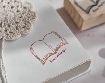 Book stamp with simple hand-drawn book and custom name, personalized library stamp for book lovers, gift for reader, minimal book embosser