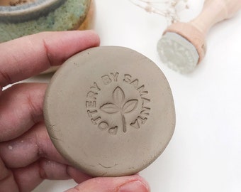 Clay name stamp with leaf drawing, custom name stamp for ceramics and makers, botanical design stamp for pottery, Pottery Signature Tool