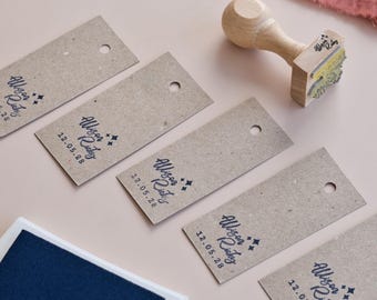Personalized Wedding Stamp, Couple Names in Handwritten Brush Font, Sparkle Stars & Wedding Date, DIY Favor Tags
