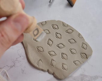 Mini Saturn pottery stamp for ceramics, Celestial texture clay icon