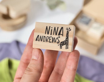 Giraffe name stamp for clothing with 2 mini textile ink pads, baby name stamp with cute animals, white ink pad for dark clothes