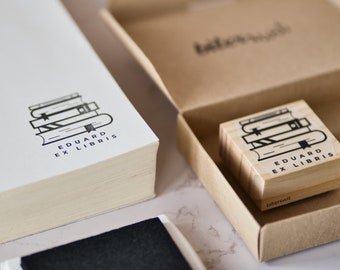 Personalized library stamp with stacked books and name, custom ex libris for book lovers, simple bookplate bookworm gift