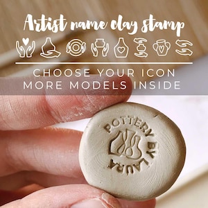 May include: A circular, beige clay stamp featuring the words "Pottery by Laura" and a pottery icon. The image also includes the text "Artist name clay stamp" and "Choose your icon, more models inside."