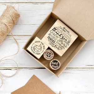 Milieuvriendelijke verpakkingsstempelset voor Etsy-shop, duurzame verzendbenodigdheden, bedankstempel in verschillende talen, ministempelset