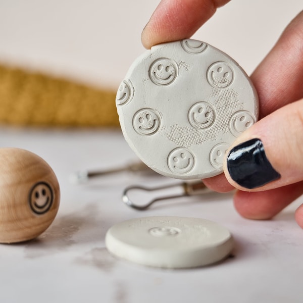 Smiley face clay stamp for pottery decoration, happy face texture stamp for ceramics and soaps, clay decorating tool