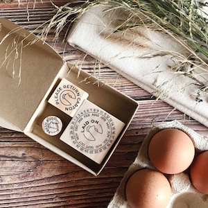 Set di timbri per uova, regalo per allevatori di uova, include timbro data uovo, timbro cartone di ritorno uovo, mini timbro uova fresche per uova