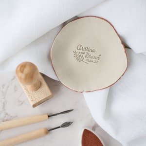 Custom wedding clay stamp with names and date, personalized pottery stamp for wedding favors, botanical branch wedding soap stamp