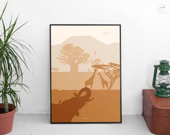 Tanzania printable skyline art print in brown colors, beige African skyline printable art, minimal African art printable, brown art prints