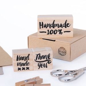 Etsy shop supply for handmade product packages, hand lettered stamp, artisan product package stamps, hand made text stamp, thank you stamp English