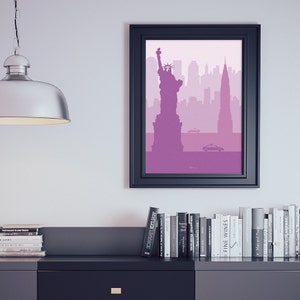 New York skyline printable, purple artwork, New York minimalist skyline wall art, manhattan skyline, Statue of Liberty minimal art print image 1