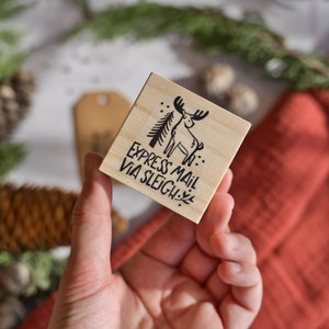 Courrier express via un traîneau, tampon en caoutchouc pour les fêtes, idées d'emballage et décoration de Noël à faire soi-même, tampon élan de Noël pour étiquettes cadeaux