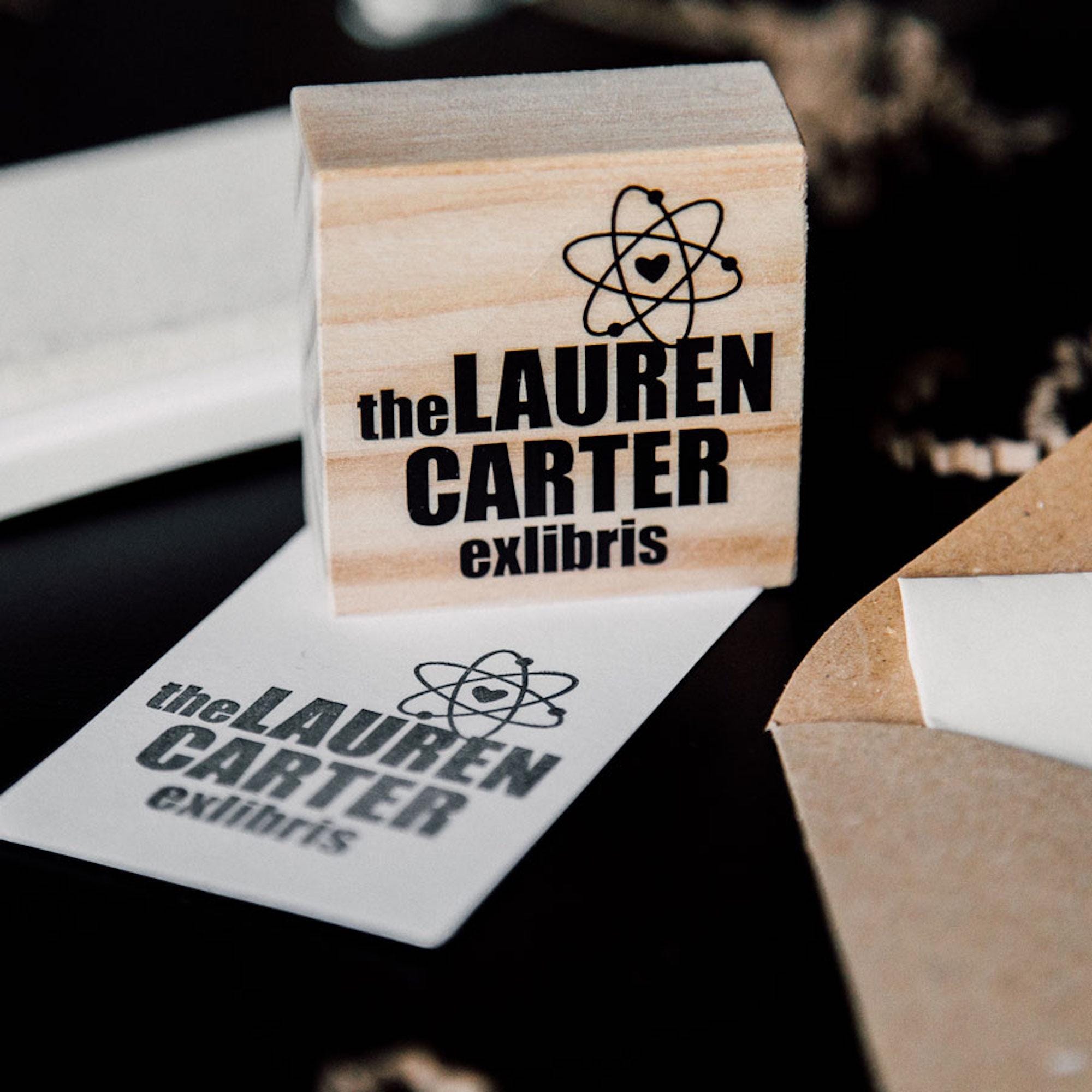 Funny custom bookplate stamp for chemistry teacher, Love atom ex libris for nerdy friend, Personalized science teacher library rubber stamp