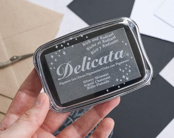 Delicata Silvery Shimmer Ink Pad, Metallic Silver Pigment mini stamp and inker bottle