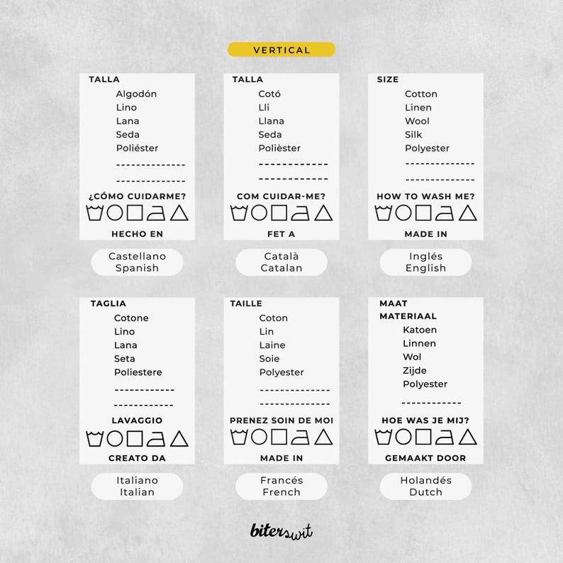 May include: A chart with instructions on how to care for clothing in different languages. The chart includes the words "Talla", "Size", "&iquest;C&oacute;mo cuidarme?", "Com cuidar-me?", "How to wash me?", "Hecho en", "Fet a", "Made in", "Taglia", "Taille", "Maat", "Lavaggio", "Prenez soin de moi", "Hoe was je mij?", "Creato da", "Made in", "Gemaakt door", "Castellano", "Spanish", "Catal&agrave;", "Catalan", "Ingl&eacute;s", "English", "Cotone", "Lino", "Lana", "Seta", "Poliestere", "Coton", "Lin", "Laine", "Sole", "Polyester", "Katoen", "Linnen", "Wol", "Zijde", "Polyester", "Italiano", "Italian", "Franc&eacute;s", "French", "Holand&eacute;s", "Dutch".