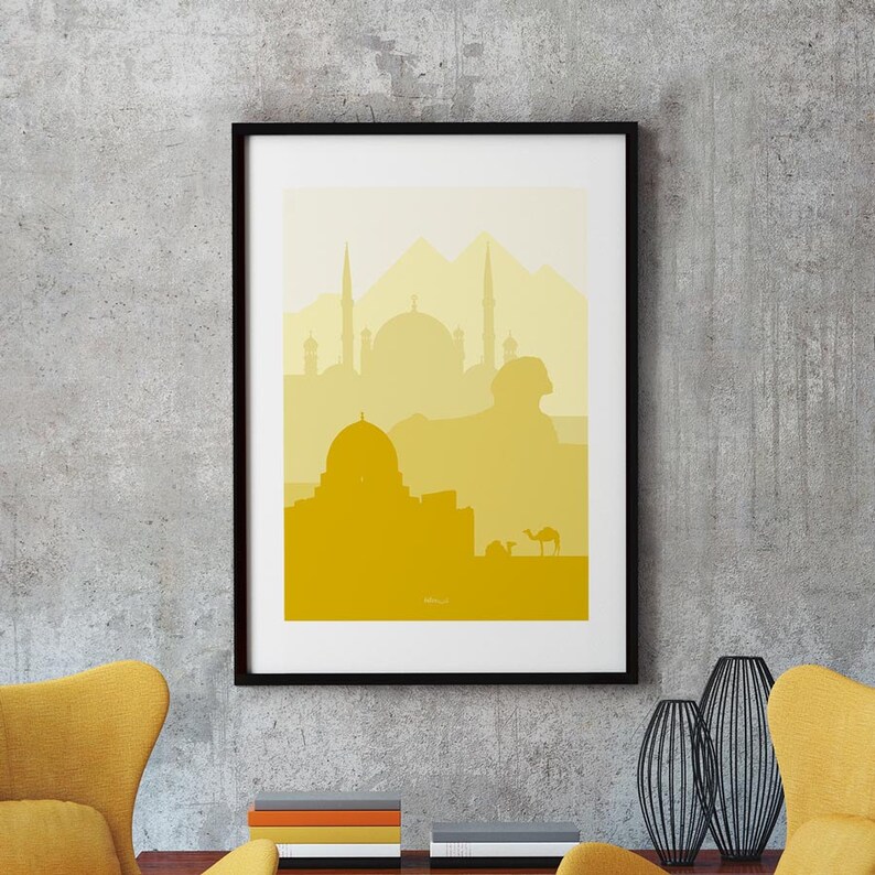 Printable Egypt minimal art, travel gift, pyramids art, large yellow poster, yellow artwork, large art wall, Egypt skyline printable art image 1