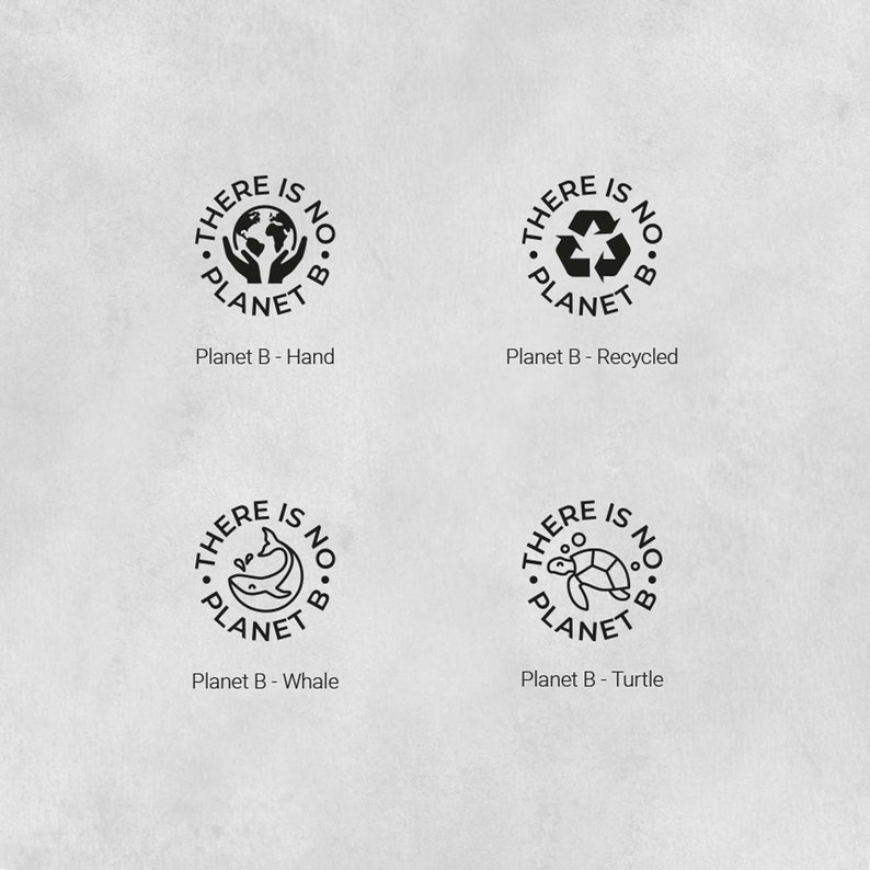 A clear display of all available stamp designs, including hands holding the Earth, a recycle icon, a minimalist whale, and a simple yet cute turtle. These options allow small business owners, eco-friendly brands, and sustainability advocates to personalize their packaging with a meaningful symbol. Each stamp is designed to be used on paper, cardboard, and other recyclable materials, encouraging waste-free packaging.