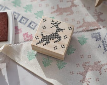 Reindeer cross stitch Christmas stamp, Wooden rubber stamp for DIY holiday crafts, paper and fabric printing