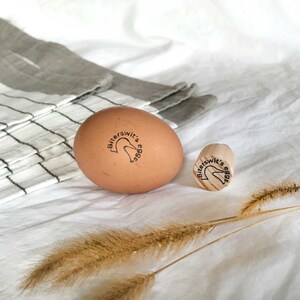 May include: A brown chicken egg with a wooden stamp that says "Biterswit's eggs" on it. The stamp is also on a small wooden block.