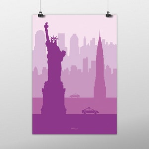 New York skyline printable, purple artwork, New York minimalist skyline wall art, manhattan skyline, Statue of Liberty minimal art print image 3