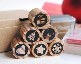 Mini Christmas rubber stamp set for Holiday DIY decorations, Christmas wrapping stamp sets, Holiday craft kit, Christmas crafts for kids