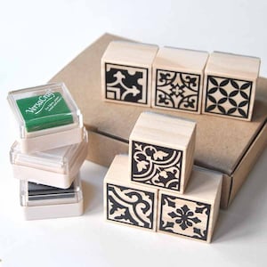 Set di timbri per scrapbooking con mosaico Azulejo per decorazioni fai da te sulla copertina del bullet journal, timbri con arabeschi di sfondo, artigianato con mosaico di piastrelle mediterranee