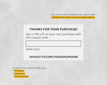 Custom coupon code stamp for shop coupon code tags, custom discount stamp, Etsy shop stamp, custom thank you for your purchase