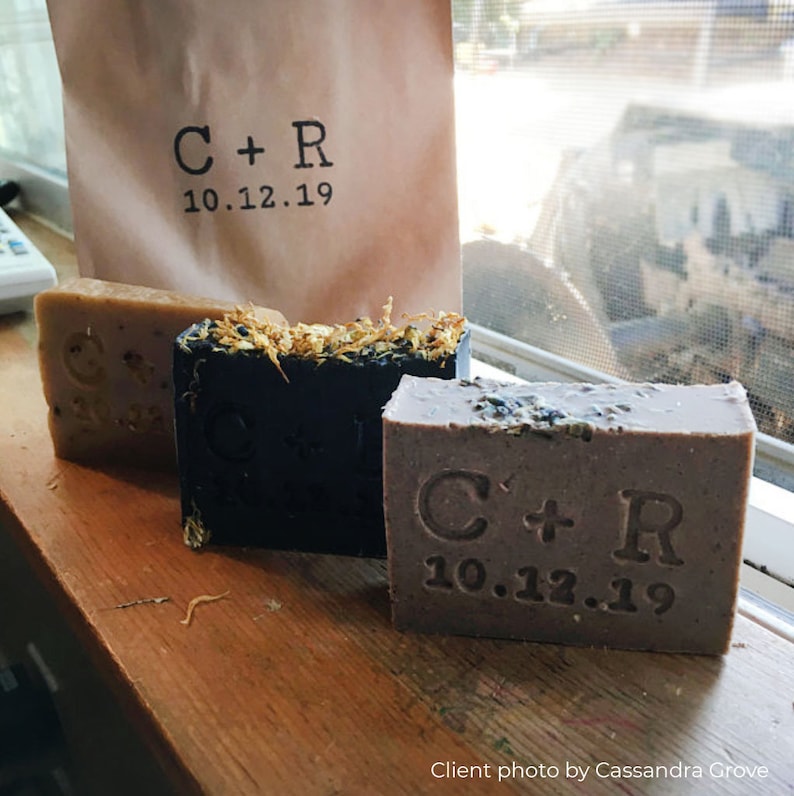 Custom custom for wedding soap favors customized with your initials and date.