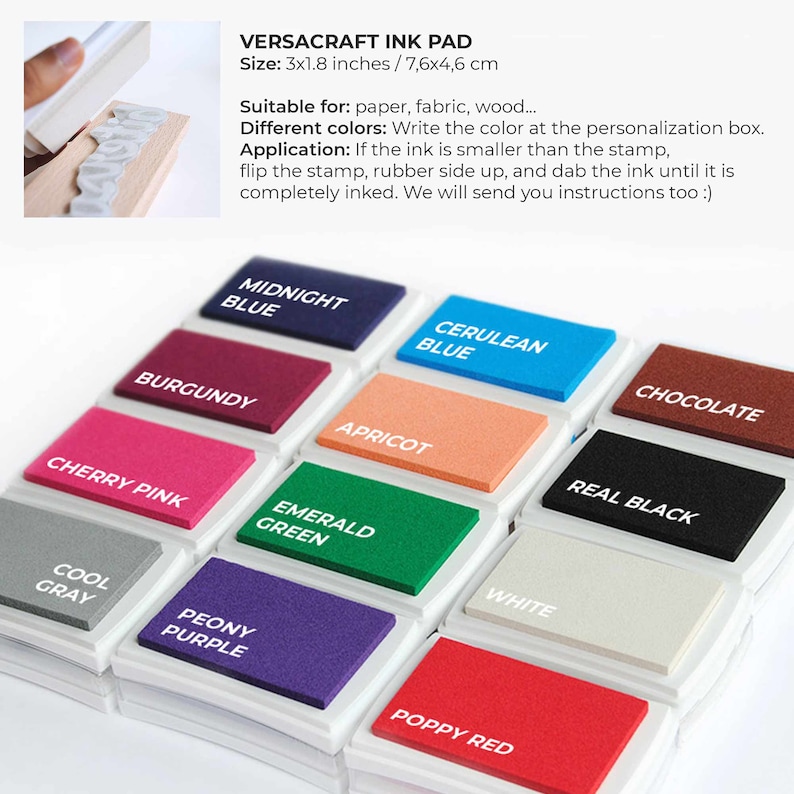 May include: Versacraft Ink Pad with 12 different colors of ink pads, including midnight blue, cerulean blue, chocolate, burgundy, apricot, real black, cherry pink, emerald green, white, cool gray, peony purple, and poppy red. The ink pads are arranged in a grid pattern on a white background. The ink pads are 3 inches by 1.8 inches.