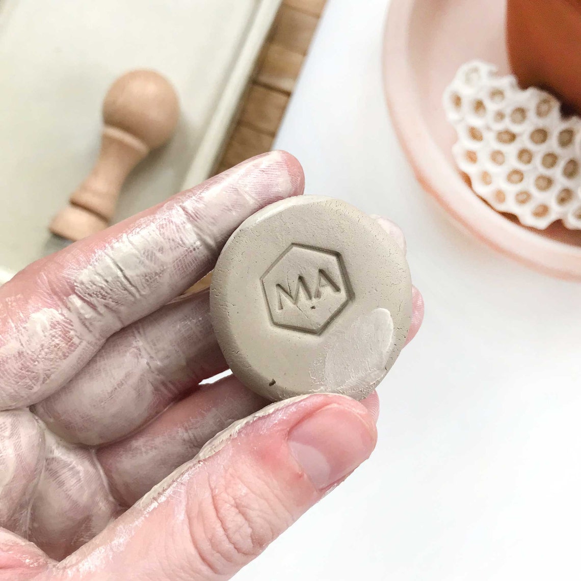 Personalized pottery maker mark stamp with initials in a Etsy