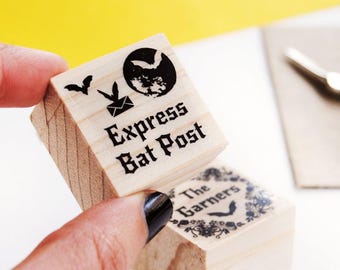 Halloween bat post rubber stamp for vampire party favor decorations, Full moon with bats snail mail stamp, Dracula gothic wedding invitation